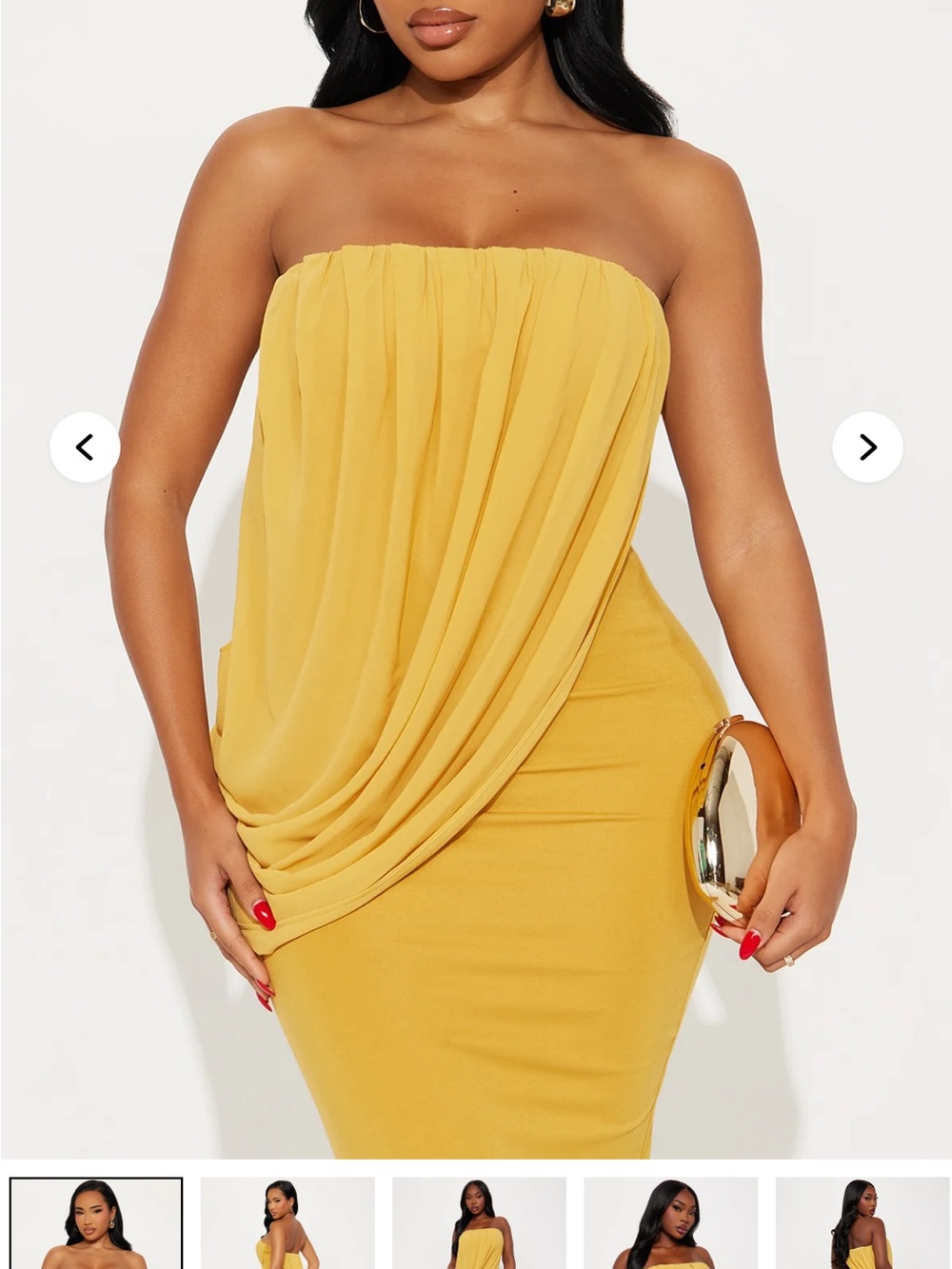Fashion Nova Strapless Draped Bodycon Dress in Mustard Yellow